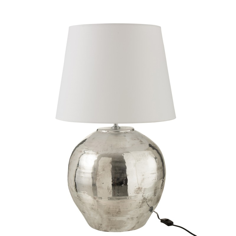 Lampe à poser STRAYE (H80cm) en céramique blanc/argenté avec abat-jour en  tissu blanc