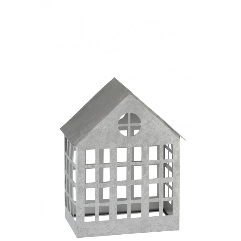 Bougeoir en forme de maison métal blanc argenté 28x22x15cm