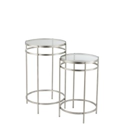 Set de 2 tables gigognes Laure avec tablette du dessus en miroir et pied en fer argenté