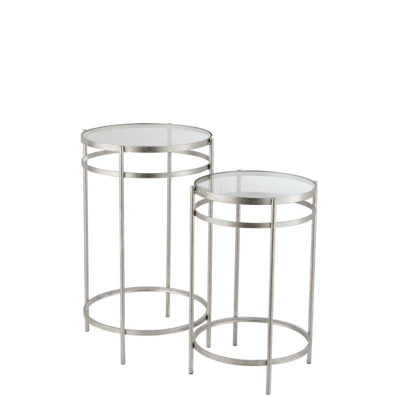 Set de 2 tables gigognes Laure avec tablette du dessus en miroir et pied en fer argenté
