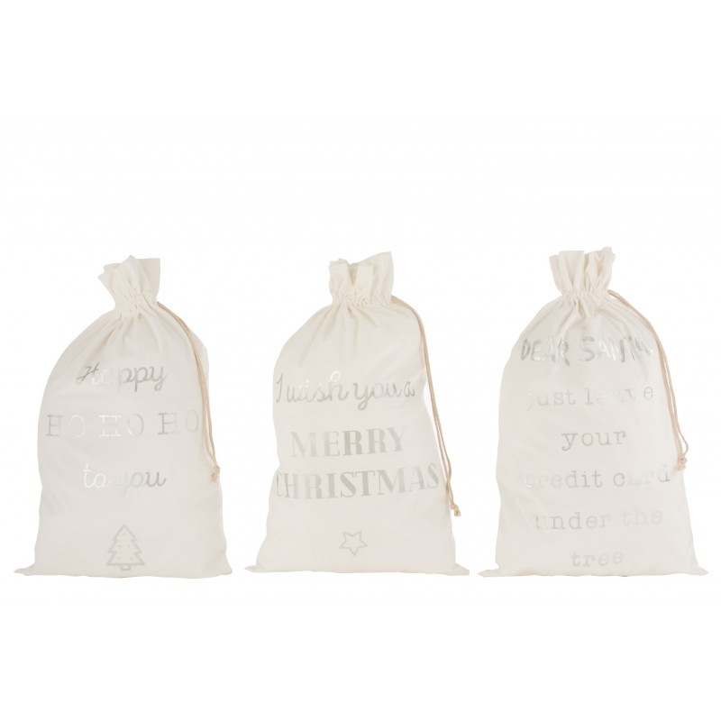 3 sacs cadeaux Noël en velours blanc avec inscription anglais 80 cm