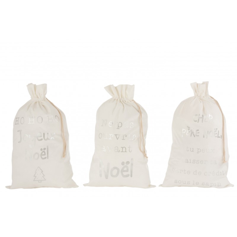 3 sacs cadeaux Noël en velours blanc avec inscription de termes français 80 cm
