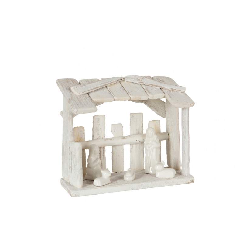 Crèche de Noël en bois blanc avec personnage en céramique en bois blanc 25x10x22 cm