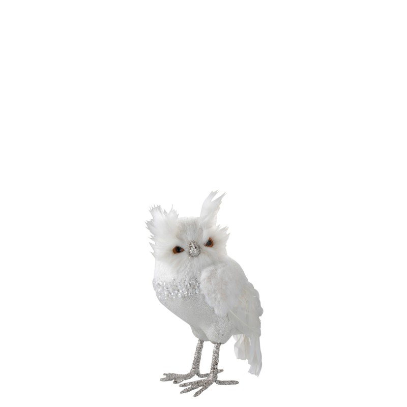 HIBOU DEBOUT PELUCHE / PLUMES BLANC / ARGENT 22,5 cm