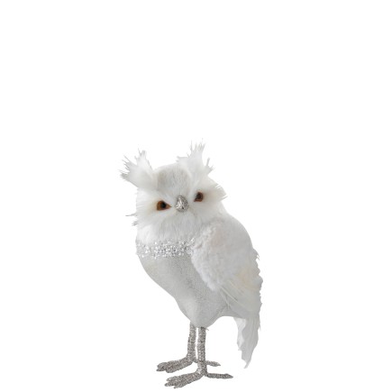 LECHUZA DE PIE PELUCHE/PLUMAS BLANCO/PLATA LARGE