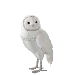 HIBOU DEBOUT PELUCHE / PLUMES BLANC / ARGENT 41 cm