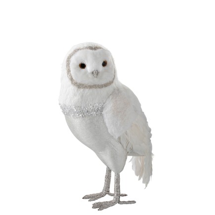 Lechuza de pie peluche/plumas blanco/plata extra Alt. 41 cm