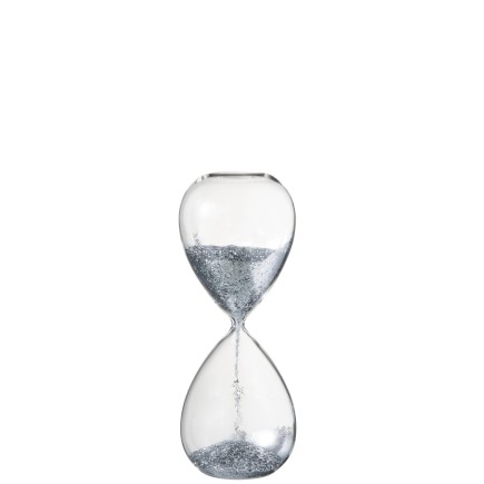 Reloj de arena de vidrio con purpurina plateada 25 cm