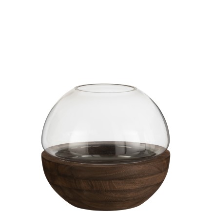 Vase boule dans socle bois en verre marron 25x25x22.5 cm