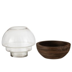 Vase boule dans socle bois en verre marron 25x25x22.5 cm
