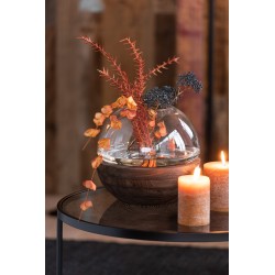 Vase boule dans socle bois en verre marron 25x25x22.5 cm
