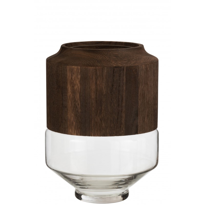 Vase cylindrique en bois et en verre marron 23x23x31 cm