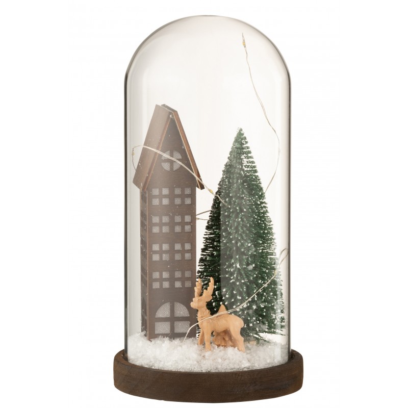 Cloche en verre sur socle bois avec décoration de Noël en résine et avec led