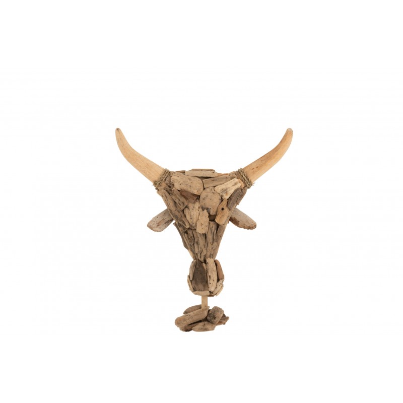 Cabeza de toro con pie madera flotante natural Alt. 59 cm