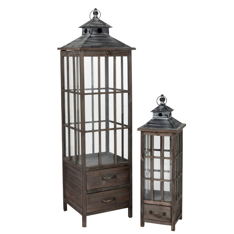 Set de 2 lanterne avec motifs losange en bois de sapin et verre