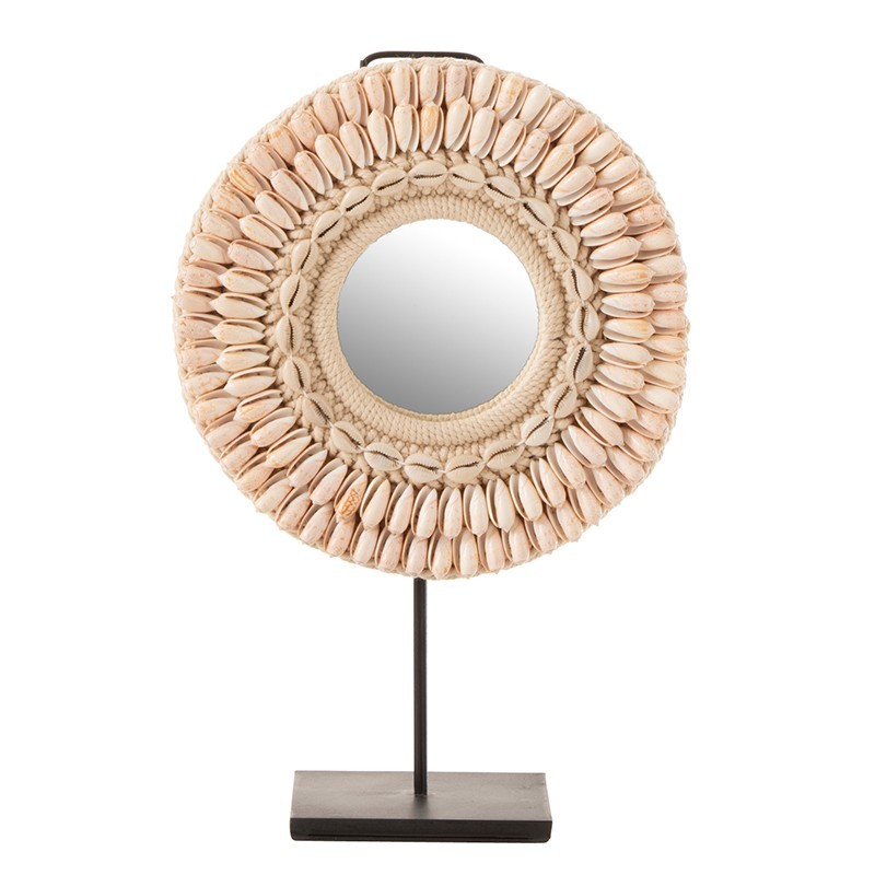 Miroir rond sur pied dans cadre de coquillages rose clair