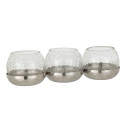 Portavelas 3 bolas craquelado cristal/acero inoxidable plata 27x9 cm