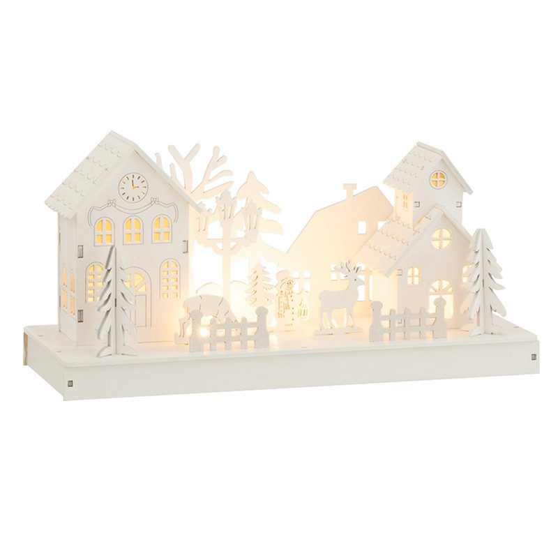 Petit village de Noël lumineux en bois blanc