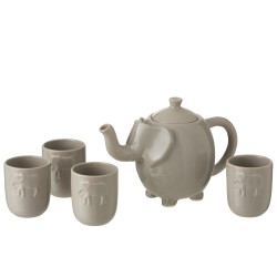 CAJA TETERA + 4 TAZAS ELEFANTE CERAMICA GRIS