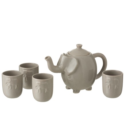 CAJA TETERA + 4 TAZAS ELEFANTE CERAMICA GRIS
