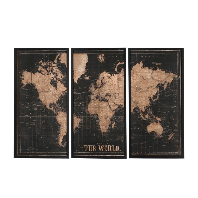 Cadre triptyque carte du monde noir et marron