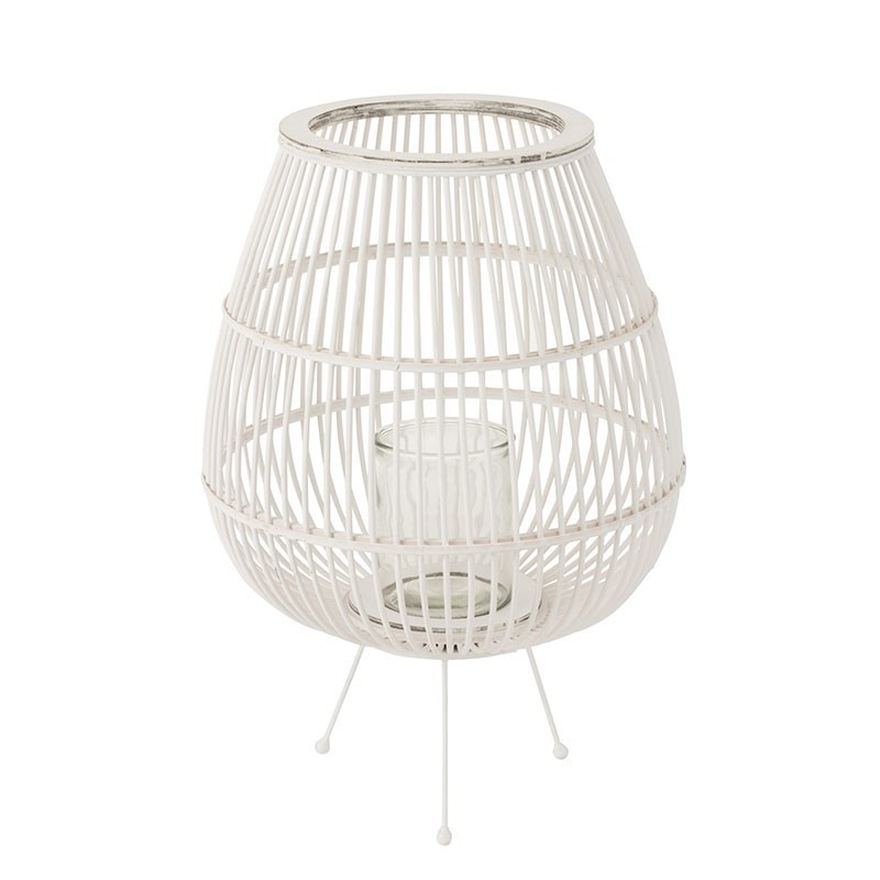 Lanterne de bois blanc mat sur pied