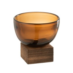 Jarrón con pie ancho cristal/madera marrón Alt. 11 cm