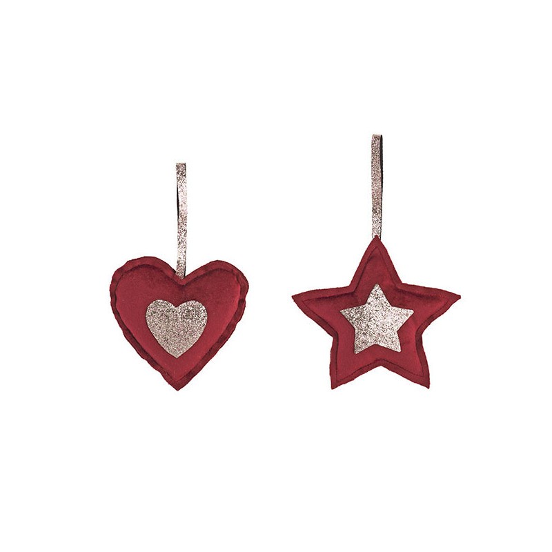 2 boules de Noël coeur et étoile en tissu bordeaux 13 cm