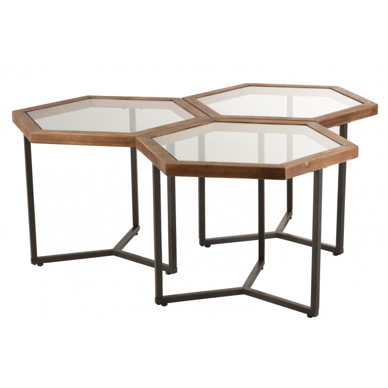 Set de 3 tables d'appoint hexagone en verre et bois marron
