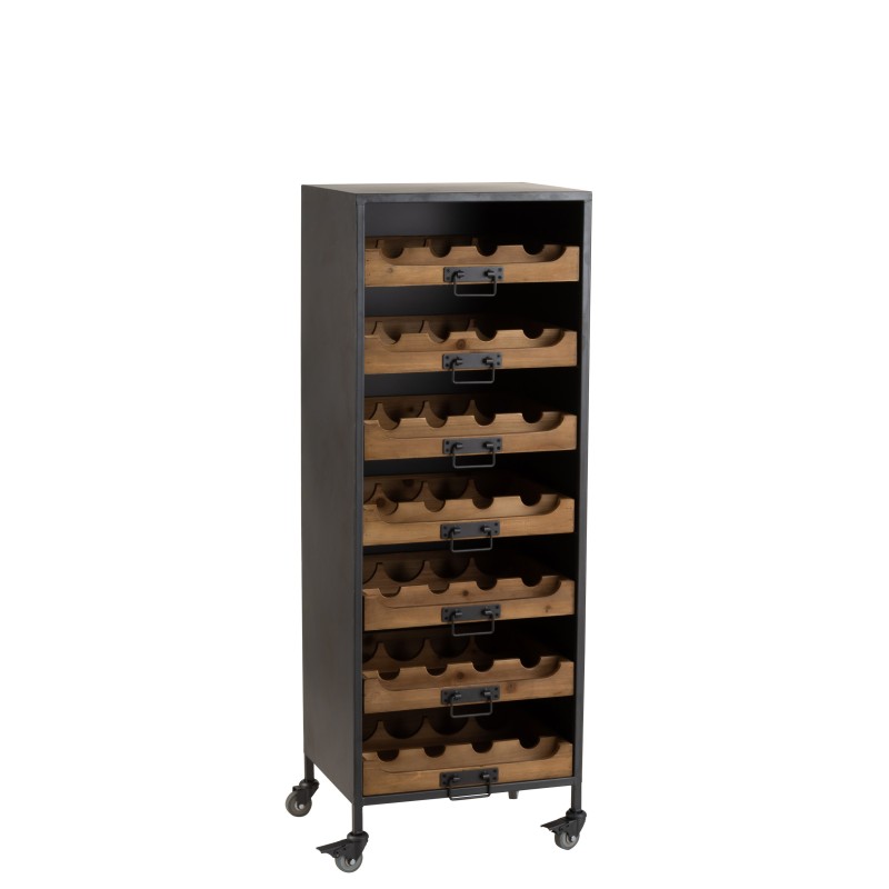 ARMOIRE A ROULETTES 7 TIROIRS POUR BOUTEILLES DE VIN METAL/BOIS NATUREL