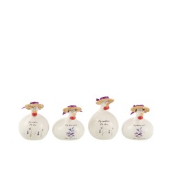 Set de 4 poules avec dicton et chapeau en céramique mauve 9x9x9 cm