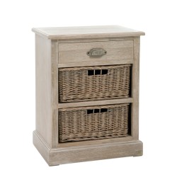 Mesa de noche con 2 cestas y 1 cajón de madera natural de 49x36x64 cm.