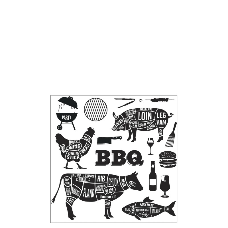 Lote de 20 servilletas con motivos de barbacoa en papel blanco y negro 13x13