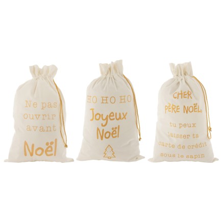 Bolsa navidad francés terciopelo blanco/oro surtido de 3 Alt. 80 cm