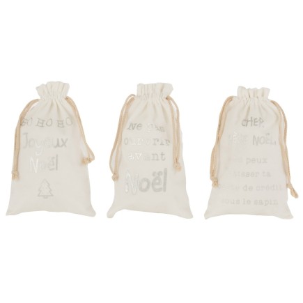 3 bolsas de Navidad de terciopelo blanco con inscripción