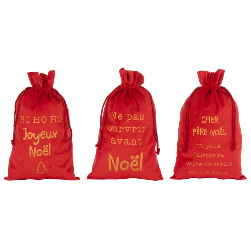 3 sacs cadeaux Noël en velours rouge avec inscription français H49 cm