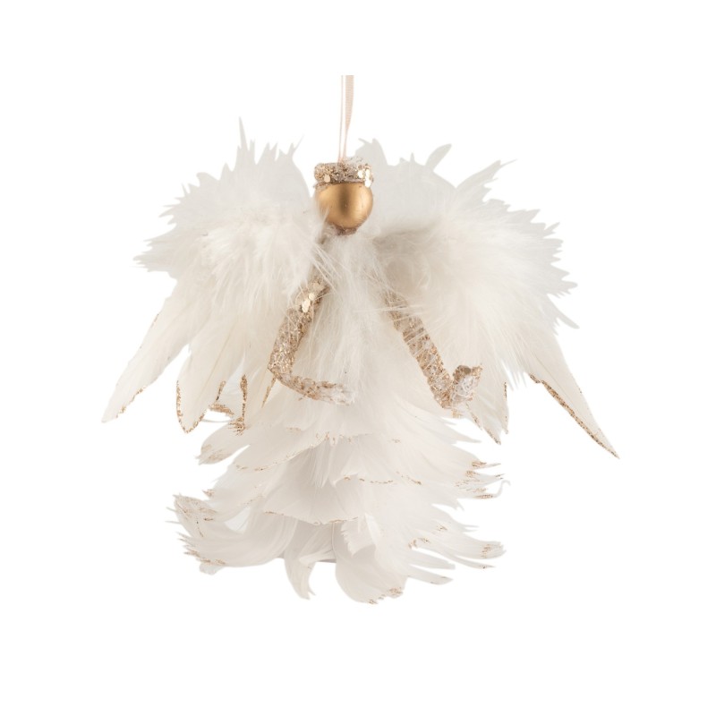 Ángel suspendido en plumas crema 19x11x12 cm