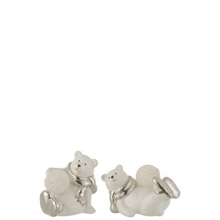 Set de 2 osos polares acostados en cerámica plateada 16x10x13 cm