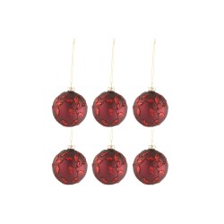 BOITE DE 6 BOULES DE NOEL FEUILLES PAILLETTES ROUGE NOEL MAT SMALL