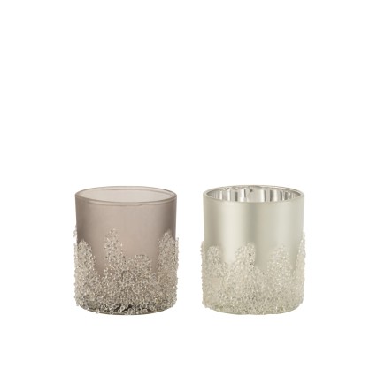 Set de 2 photophores givrés en verre gris 7x7x8 cm