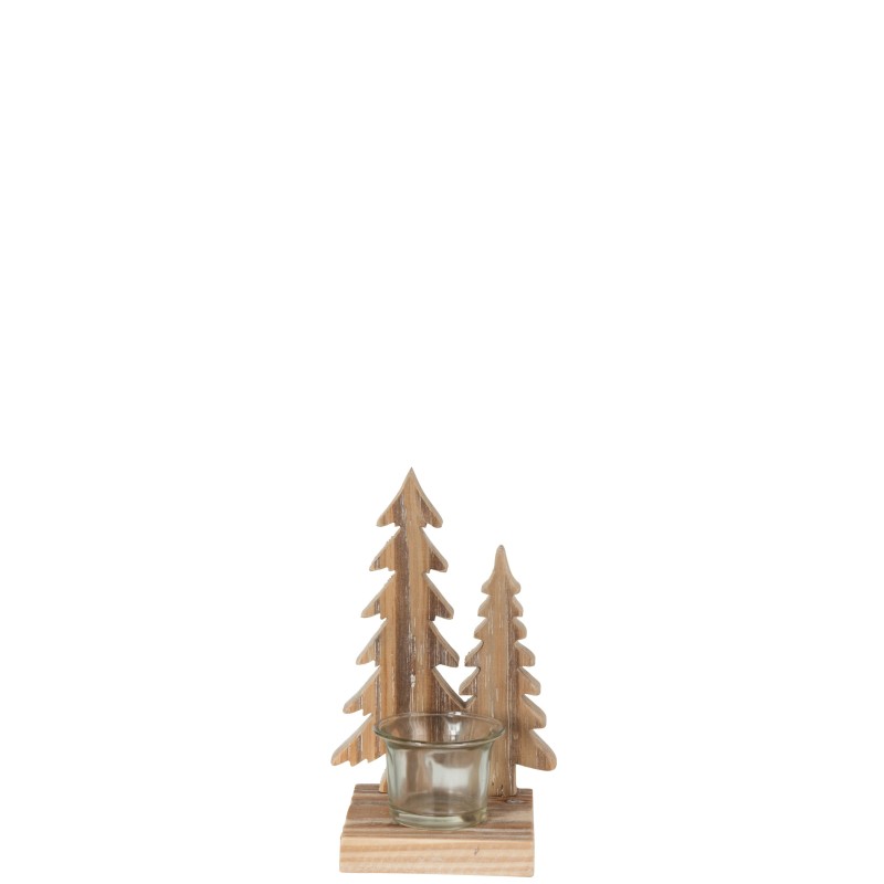 Portavelas de vidrio con decoración de árboles de madera natural 11x9x18 cm