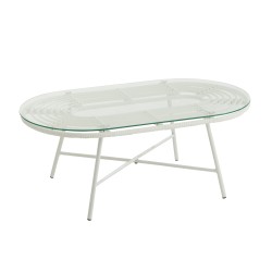 Mesa de centro exterior con tablero de vidrio y metal blanco de 90x50x36 cm