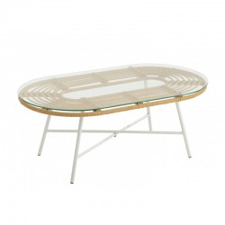 Table basse ovale d'extérieur avec dessus verre et pied métal