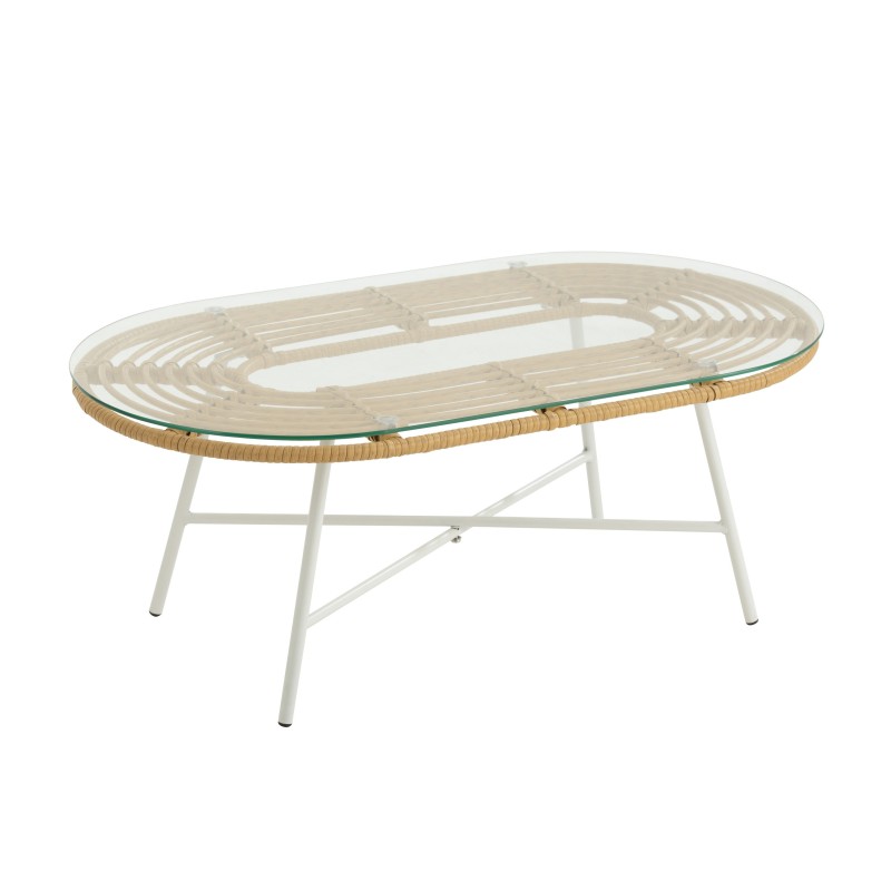 Mesa de centro de exterior con tapa de cristal y metal natural de 90x50x36 cm.