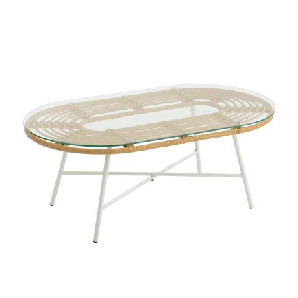 Mesa de centro de exterior con tapa de cristal y metal natural de 90x50x36 cm.