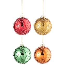 BOITE DE 12 BOULES DE NOEL 3+3+3+3 PERLES VERRE OR/ROUGE/ORANGE/VERT SMALL