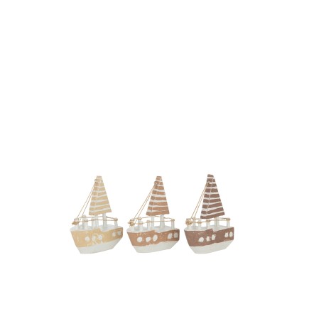 Conjunto de 3 barcos de vela de madera marrón de 12x6x16 cm
