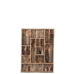 DECORATION MURALE FAMILLE DE MASQUES DANS COMPARTIMENTS BOIS RECYCLE NATUREL MEDIUM