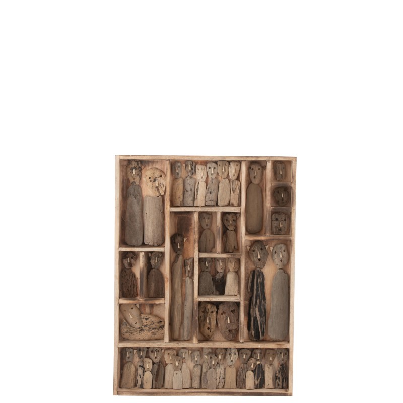 DECORATION MURALE FAMILLE DE MASQUES DANS COMPARTIMENTS BOIS RECYCLE NATUREL MEDIUM