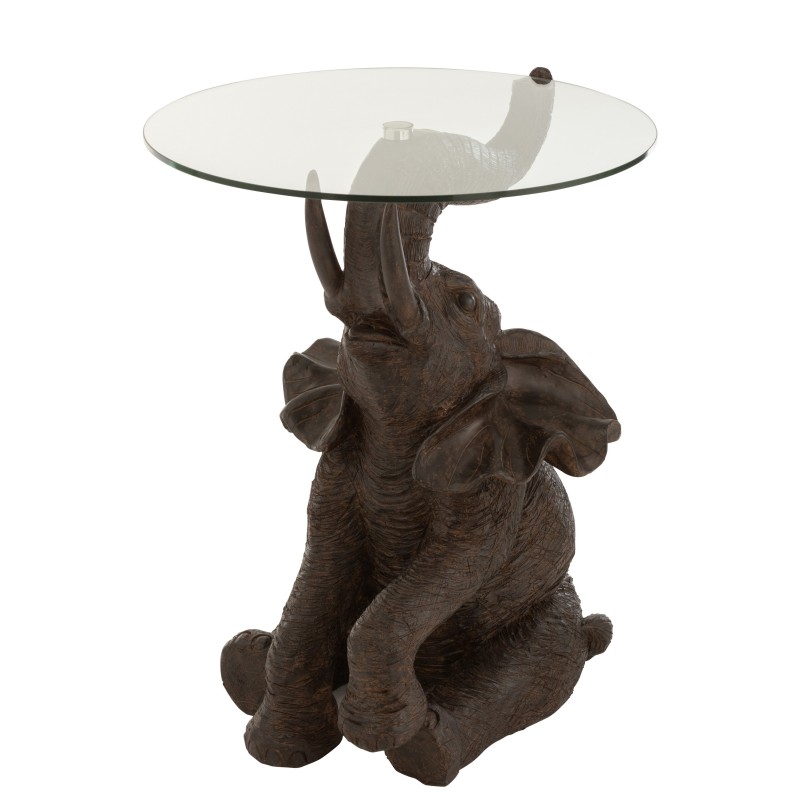 TABLE ELEPHANT RESINE/VERRE MARRON FONCE